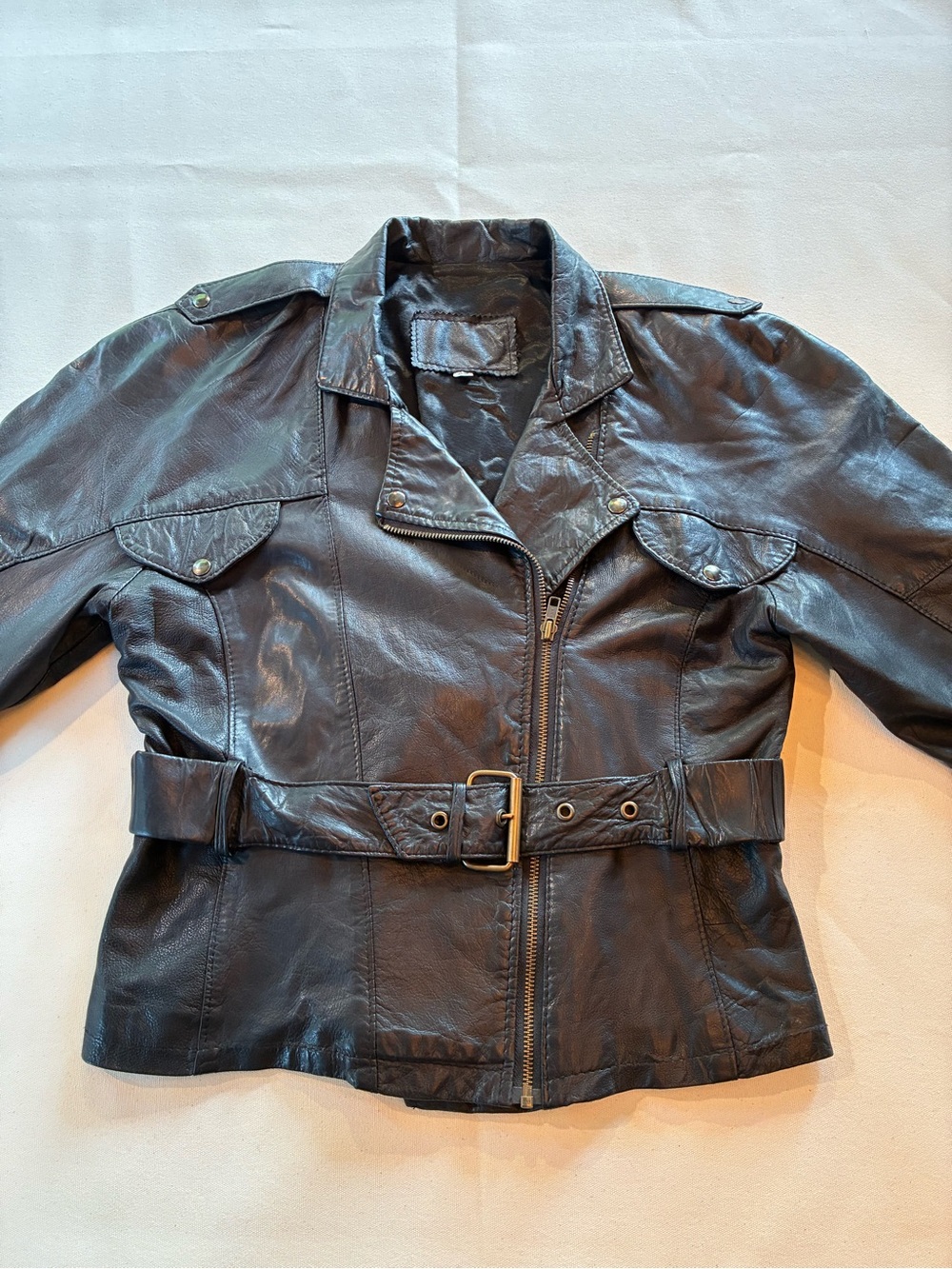 Women's Black Leather Belted Biker Vintage 80s Jacket